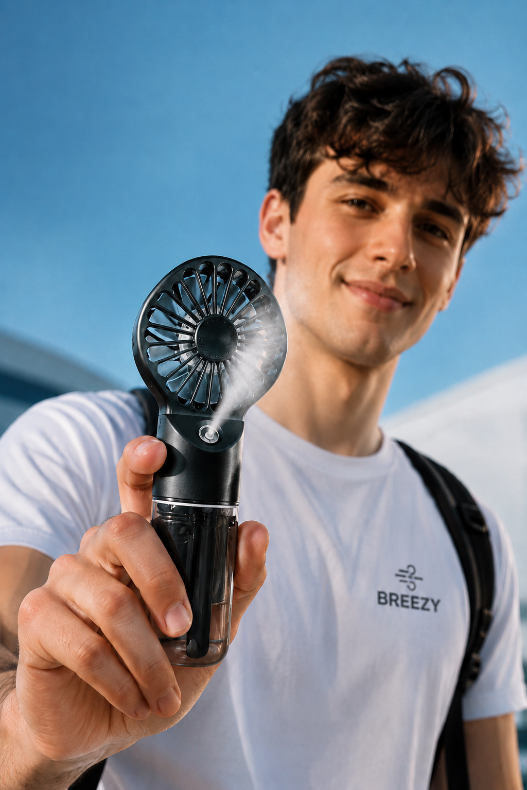 Man outdoors holding up the BREEZY mist fan with backpack on